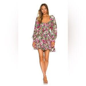 LPA Pink & Green Floral Square Neck Long Sleeve Mini Dress